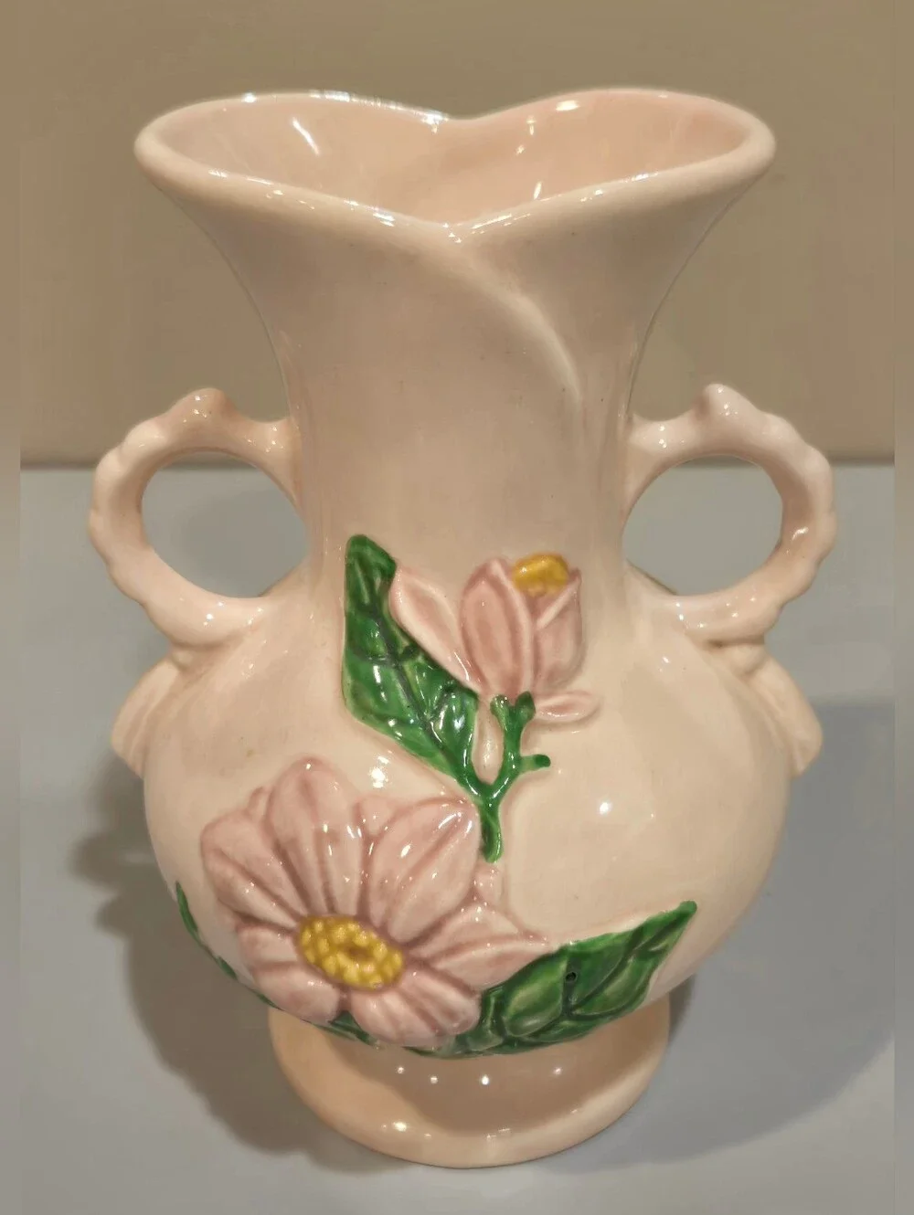 Vintage Hull Art Pink Floral Ceramic Double-Handled Vase